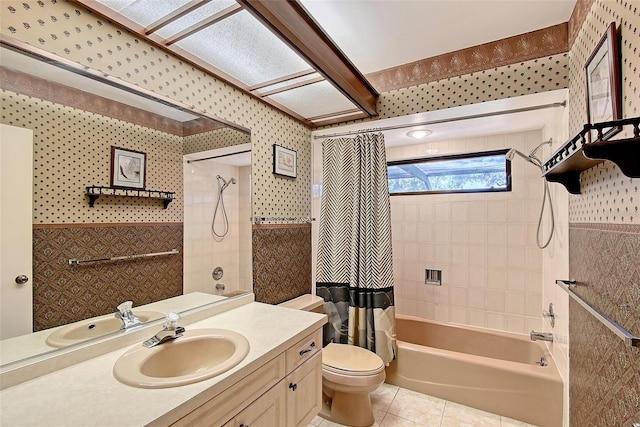 4917 Leatha Ln, Sarasota, FL 34232 - full bathroom featuring shower / bath combo, wallpapered walls, vanity, toilet, and tile patterned floors