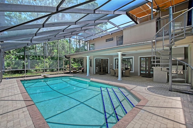 4917 Leatha Ln, Sarasota, FL 34232 - view of pool with french doors, a ceiling fan, a patio, and a lanai