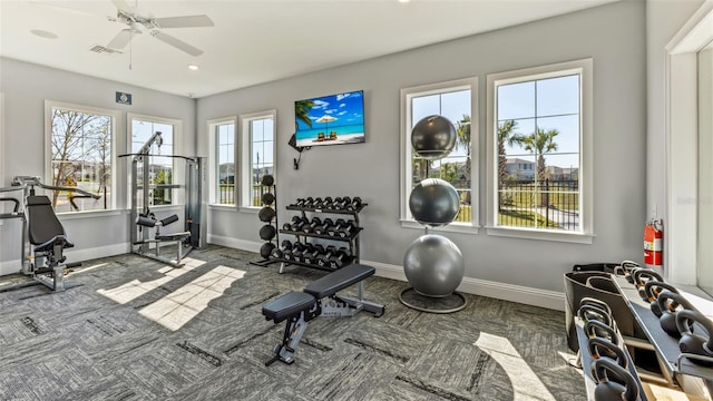 12060 Lansing Gln, Parrish, FL 34219 - workout area with ceiling fan, baseboards, recessed lighting, and carpet
