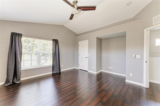 5420 River Sound Ter, Bradenton, FL 34208 - unfurnished room with lofted ceiling, a ceiling fan, wood finished floors, and plenty of natural light