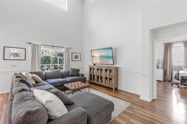 6032 36th Ct E, Ellenton, FL 34222 - living room with a towering ceiling, wood finished floors, and baseboards