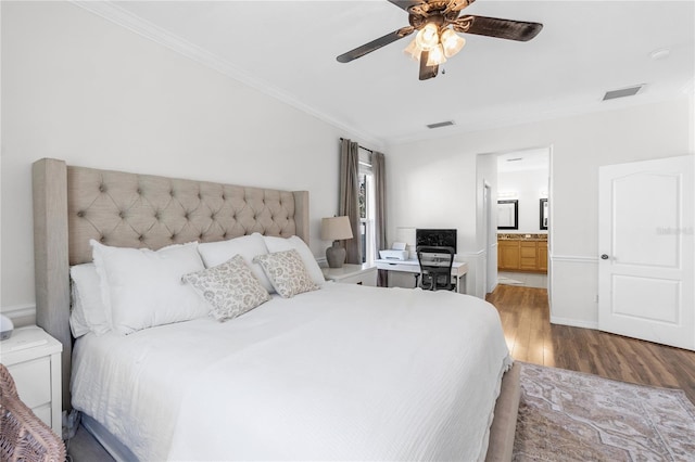 6032 36th Ct E, Ellenton, FL 34222 - bedroom featuring wood finished floors, ornamental molding, a ceiling fan, and connected bathroom