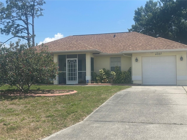 4027 Allure Ln, North Port, FL 34287 - ranch-style home with a shingled roof, stucco siding, a front yard, an attached garage, and driveway