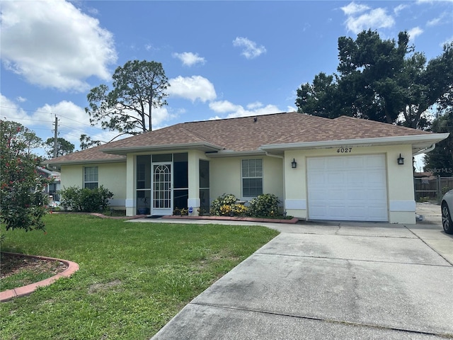 4027 Allure Ln, North Port, FL 34287 - single story home with stucco siding, a front lawn, a garage, and concrete driveway