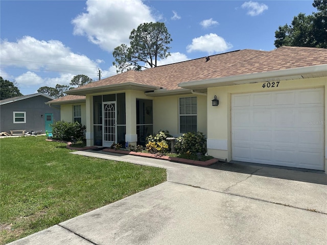 4027 Allure Ln, North Port, FL 34287 - ranch-style home with stucco siding, a front lawn, a garage, roof with shingles, and concrete driveway