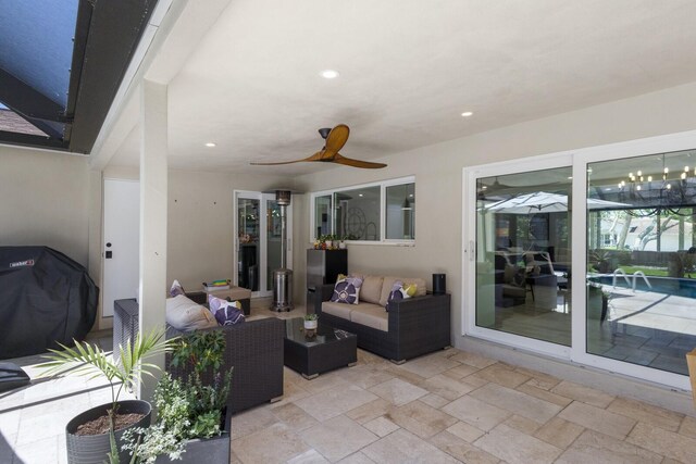 5581 Shadow Lawn Dr, Sarasota, FL 34242 - view of patio / terrace featuring an outdoor hangout area and ceiling fan