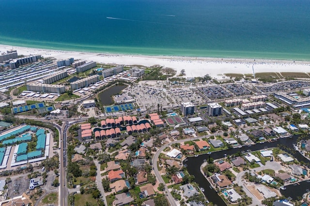 5581 Shadow Lawn Dr, Sarasota, FL 34242 - aerial view of property and surrounding area featuring waterfront with a beach
