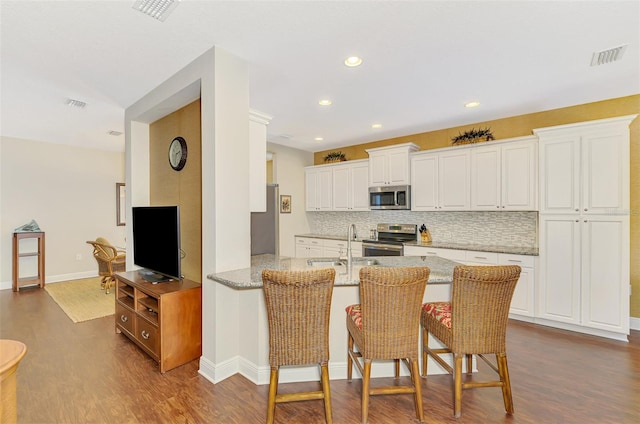 12229 Stuart Dr, Venice, FL 34293 - kitchen featuring stainless steel appliances, dark wood-type flooring, decorative backsplash, light stone counters, and recessed lighting