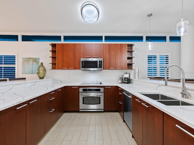 6512 Midnight Pass Rd Unit 301, Sarasota, FL 34242 - kitchen with open shelves, stainless steel appliances, a sink, and a peninsula