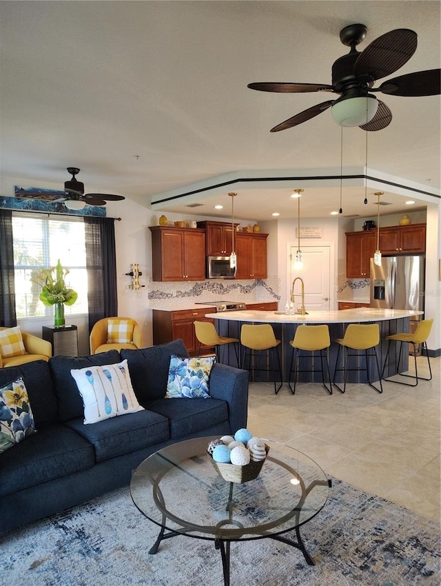 1241 Riverscape St Unit B, Bradenton, FL 34208 - living room with a ceiling fan, light tile patterned floors, and recessed lighting