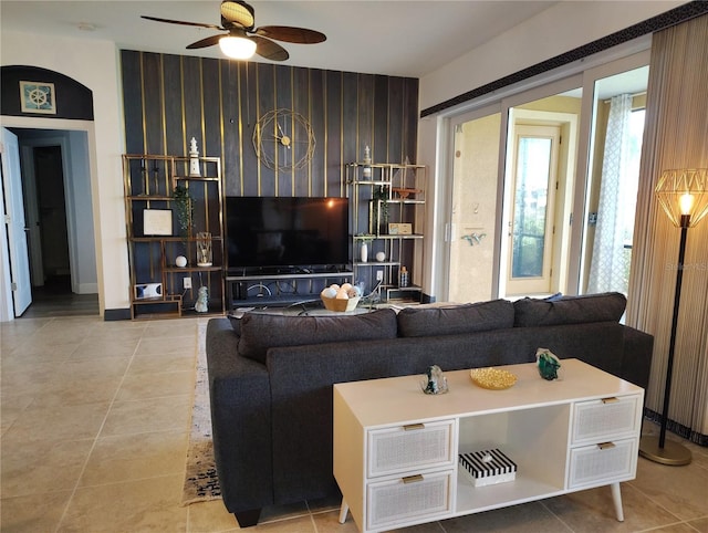 1241 Riverscape St Unit B, Bradenton, FL 34208 - living room with a ceiling fan, tile patterned floors, and baseboards