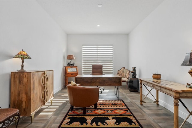 8982 Baroque Ter, Sarasota, FL 34240 - office space featuring baseboards, wood finished floors, and recessed lighting
