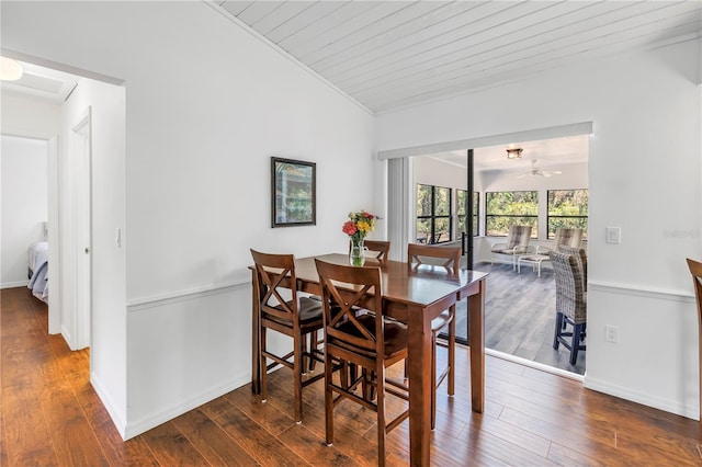 435 Whispering Oaks Ct, Sarasota, FL 34232 - dining area featuring lofted ceiling, dark wood-style floors, a ceiling fan, and baseboards