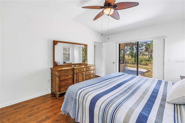 435 Whispering Oaks Ct, Sarasota, FL 34232 - bedroom featuring access to exterior, wood finished floors, baseboards, lofted ceiling, and a ceiling fan