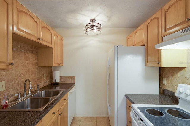 3253 Beneva Rd Unit 103, Sarasota, FL 34232 - kitchen featuring white appliances, under cabinet range hood, a sink, backsplash, and dark countertops