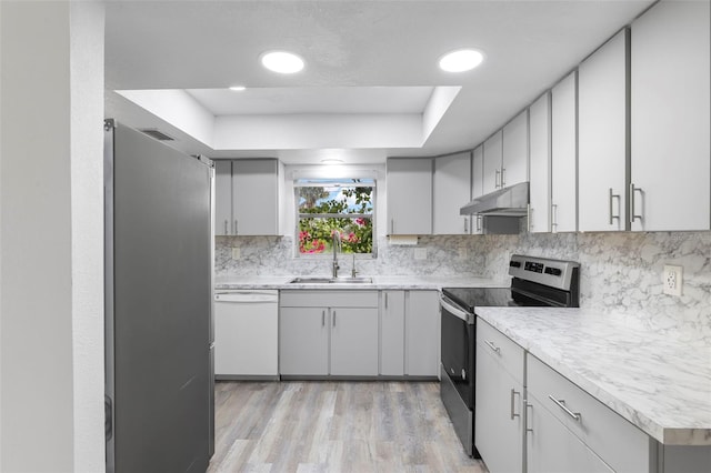 3203 Riverside Dr Unit B, Punta Gorda, FL 33950 - kitchen with appliances with stainless steel finishes, a sink, under cabinet range hood, tasteful backsplash, and light countertops