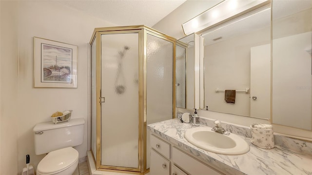 8897 Midnight Pass Rd Unit 407, Sarasota, FL 34242 - bathroom with vanity, a stall shower, and toilet