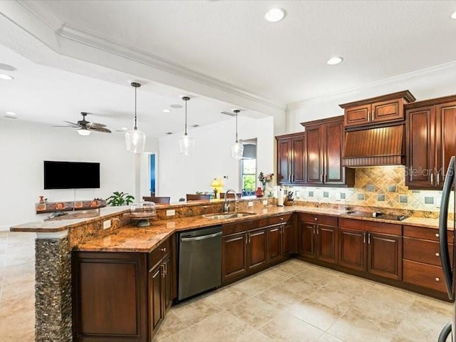 312 148th Ct NE, Bradenton, FL 34212 - kitchen with stainless steel dishwasher, a sink, black electric cooktop, a ceiling fan, and light stone countertops