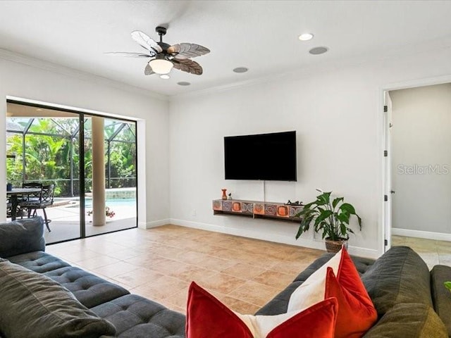 312 148th Ct NE, Bradenton, FL 34212 - tiled living area featuring crown molding, ceiling fan, baseboards, and recessed lighting