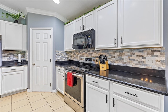 5618 Sheer Bliss Loop, Land O Lakes, FL 34639 - kitchen featuring black microwave, stainless steel range with electric stovetop, crown molding, and white cabinets