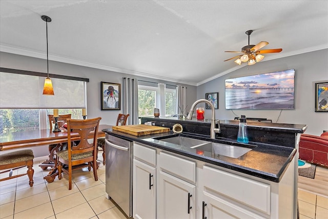 5618 Sheer Bliss Loop, Land O Lakes, FL 34639 - kitchen with dishwasher, crown molding, a sink, a center island with sink, and white cabinets