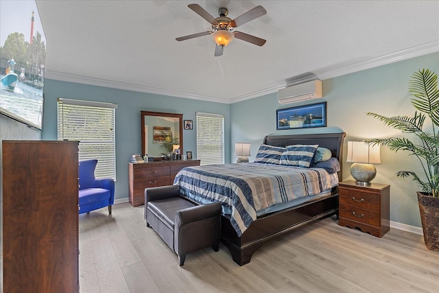 5618 Sheer Bliss Loop, Land O Lakes, FL 34639 - bedroom with wood finished floors, baseboards, a wall mounted air conditioner, crown molding, and ceiling fan