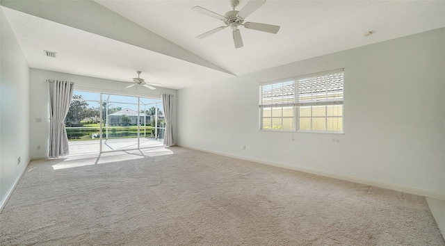 5566 Avellino Pl, Sarasota, FL 34238 - unfurnished room featuring lofted ceiling, light carpet, baseboards, and ceiling fan