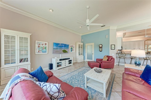 5205 88th St E, Bradenton, FL 34211 - living room featuring ceiling fan, baseboards, and crown molding
