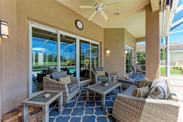 5205 88th St E, Bradenton, FL 34211 - view of patio / terrace featuring ceiling fan and an outdoor living space