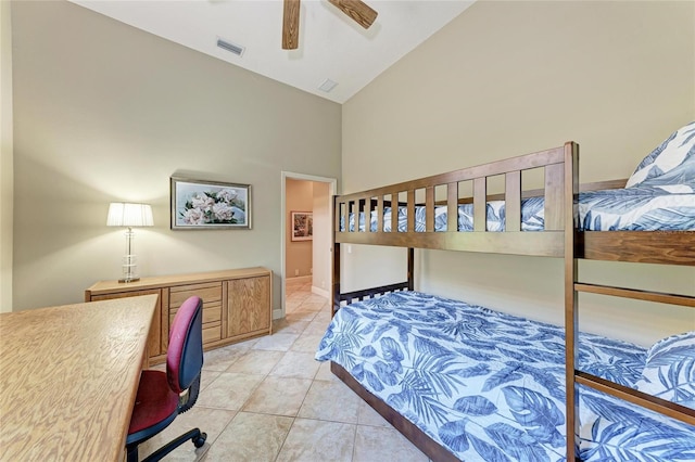 5205 88th St E, Bradenton, FL 34211 - bedroom with high vaulted ceiling, light tile patterned floors, a ceiling fan, and a desk