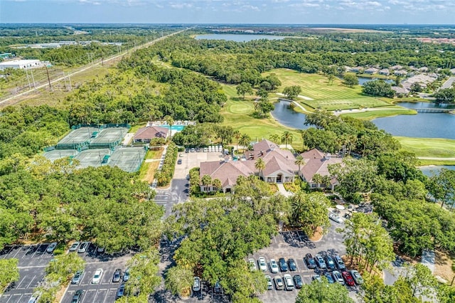 5205 88th St E, Bradenton, FL 34211 - aerial overview of property's location with a golf club, a nearby body of water, and a tree filled landscape