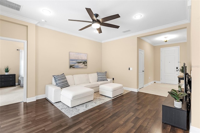 11794 Forest Park Cir, Bradenton, FL 34211 - living room featuring ceiling fan, wood finished floors, baseboards, ornamental molding, and recessed lighting