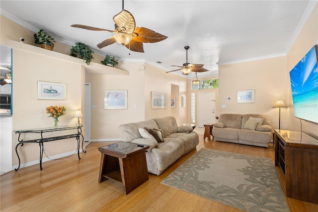 4222 Lanai Dr, Sarasota, FL 34241 - living room with a ceiling fan, light wood finished floors, crown molding, and baseboards