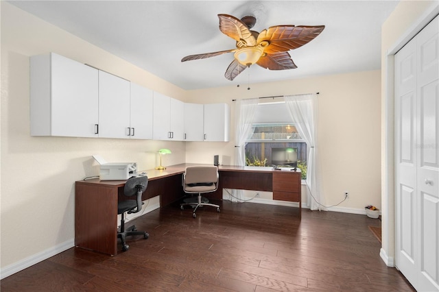 4222 Lanai Dr, Sarasota, FL 34241 - home office featuring a ceiling fan, dark wood-style flooring, and baseboards