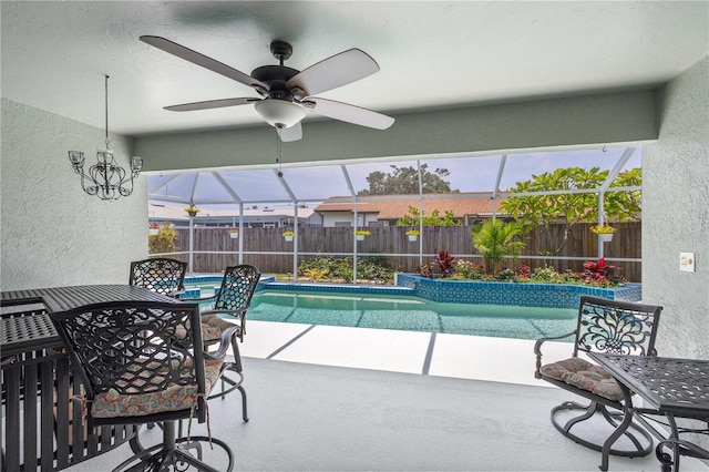 4222 Lanai Dr, Sarasota, FL 34241 - view of swimming pool featuring a fenced backyard, a lanai, and a ceiling fan