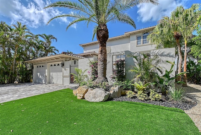 4108 Roberts Point Rd, Sarasota, FL 34242 - mediterranean / spanish house with a front yard, decorative driveway, stucco siding, and a garage