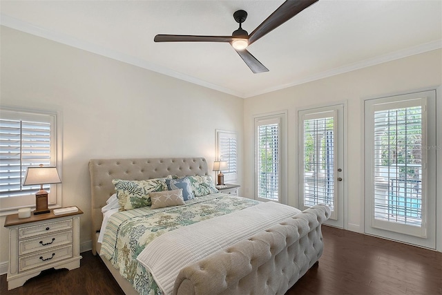 4108 Roberts Point Rd, Sarasota, FL 34242 - bedroom with access to outside, crown molding, dark wood-style flooring, a ceiling fan, and baseboards