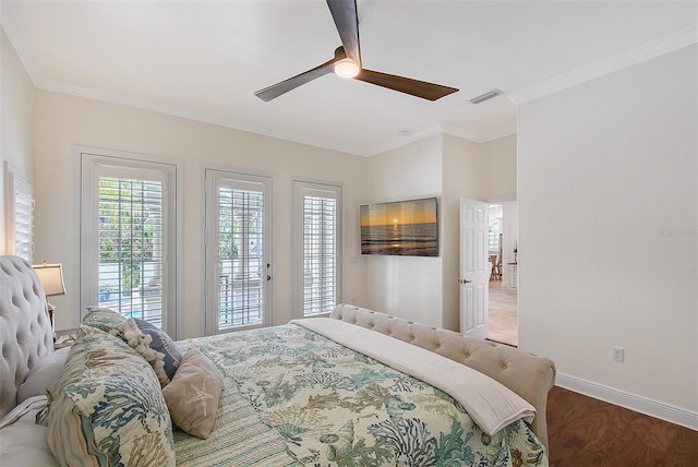 4108 Roberts Point Rd, Sarasota, FL 34242 - bedroom featuring access to exterior, crown molding, wood finished floors, baseboards, and a ceiling fan