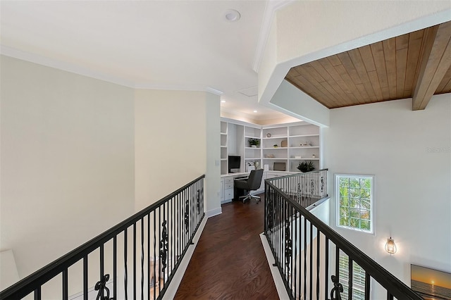 4108 Roberts Point Rd, Sarasota, FL 34242 - hallway with an office area, dark wood-style flooring, recessed lighting, crown molding, and an upstairs landing