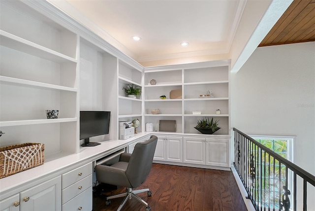 4108 Roberts Point Rd, Sarasota, FL 34242 - home office featuring built in study area, dark wood-type flooring, built in features, recessed lighting, and crown molding