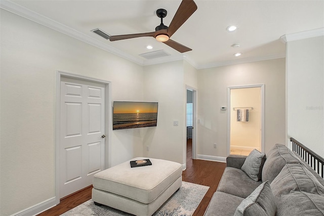 4108 Roberts Point Rd, Sarasota, FL 34242 - living room featuring dark wood finished floors, ornamental molding, a ceiling fan, recessed lighting, and baseboards