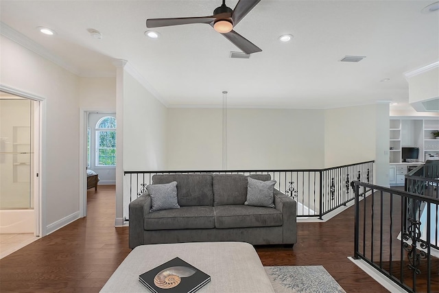 4108 Roberts Point Rd, Sarasota, FL 34242 - living room featuring a ceiling fan, ornamental molding, recessed lighting, wood finished floors, and baseboards
