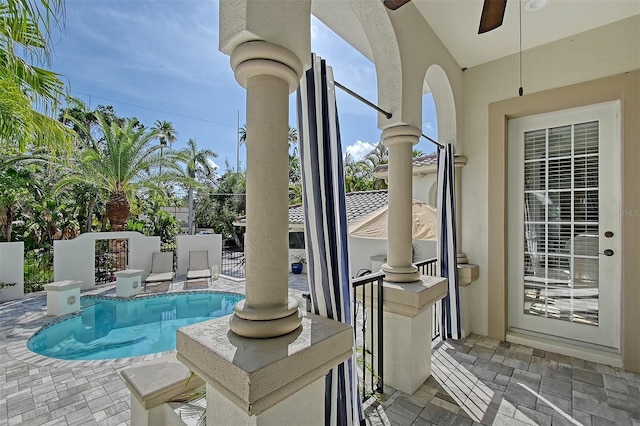 4108 Roberts Point Rd, Sarasota, FL 34242 - view of pool with a ceiling fan and a patio
