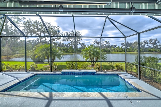 3631 Shimmering Oaks Dr, Parrish, FL 34219 - swimming pool featuring a water view, glass enclosure, and view of scattered trees