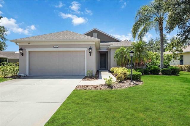 5020 Torrey Pines Run, Bradenton, FL 34211 - ranch-style home with a garage, concrete driveway, stucco siding, a front lawn, and roof with shingles