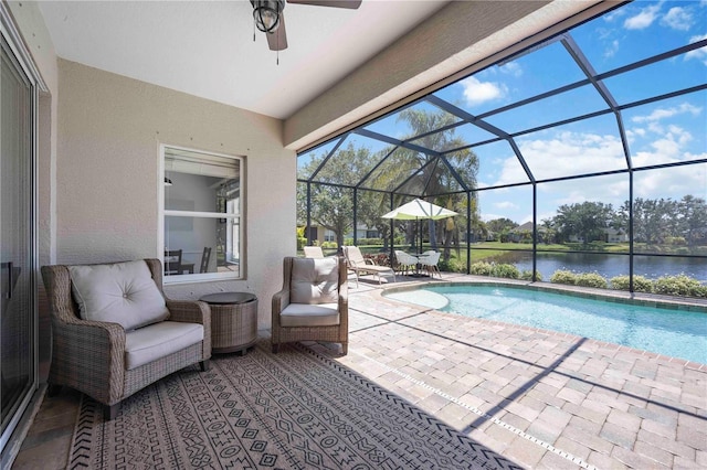 5020 Torrey Pines Run, Bradenton, FL 34211 - outdoor pool with a patio, a water view, and glass enclosure