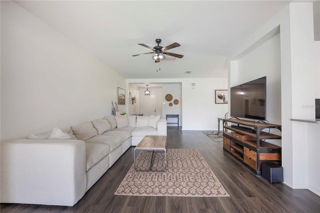 5020 Torrey Pines Run, Bradenton, FL 34211 - living room with ceiling fan and dark wood-style floors