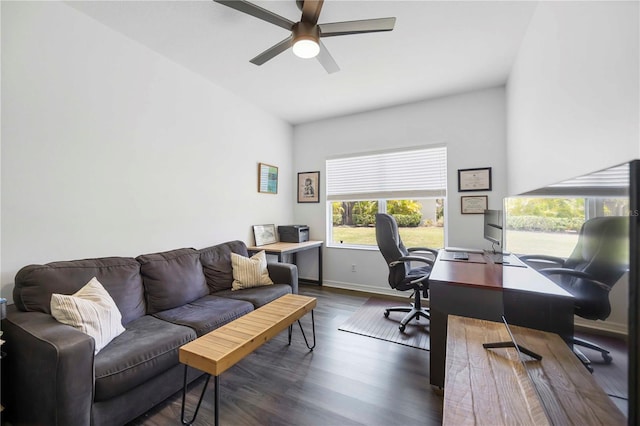 5020 Torrey Pines Run, Bradenton, FL 34211 - office featuring ceiling fan, dark wood-style floors, and baseboards