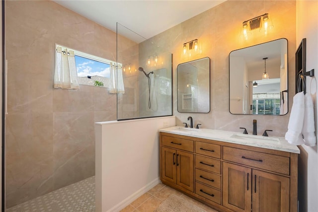 5020 Torrey Pines Run, Bradenton, FL 34211 - bathroom featuring a walk in shower, double vanity, and tile patterned floors