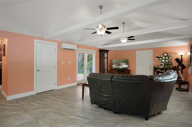 22063 Lake Lindsey Rd, Brooksville, FL 34601 - living room featuring a wall mounted AC, ceiling fan, baseboards, and french doors